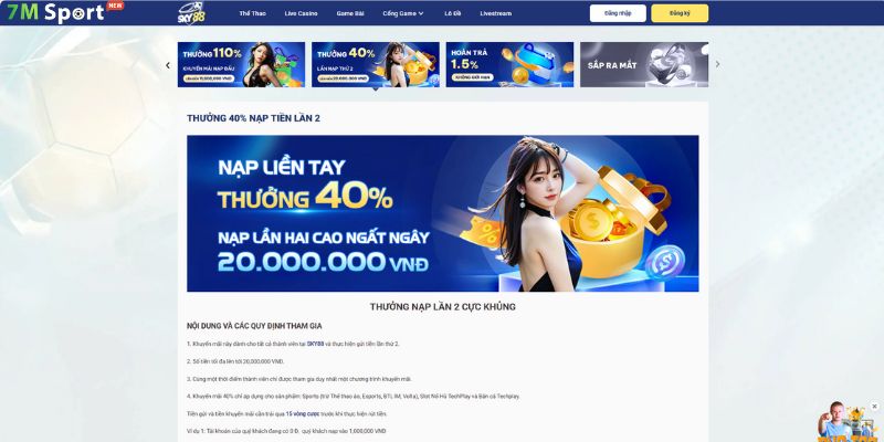 SKY88 thu hút người chơi với chương trình thưởng 40% cho lần nạp thứ hai 